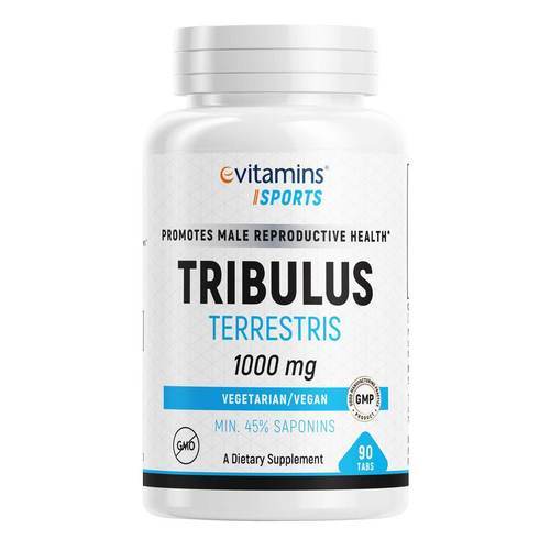 eVitamins Tribulus Terrestris, Standardized for 1000 mg, Vegan - GMP Certified - 90 Tablets - 321489_front2020.jpg
