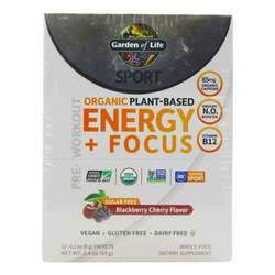 Garden of Life SPORT Organic Pre-Workout Energy Plus Focus, Blackberry Cherry - Sugar-Free - 12 pack