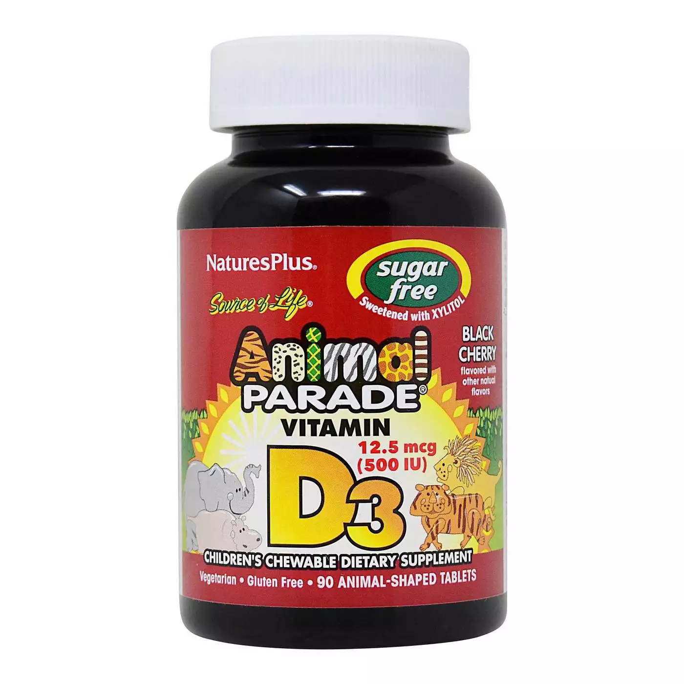 Nature's Plus Animal Parade Children's Vitamin D3, Black Cherry - 500 IU -  Sugar Free - 90 Chewable Tablets 