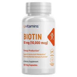 eVitamins Extra Strength Biotin - Vegetarian- Non GMO - 10,000 mcg - 120 Veg Capsules